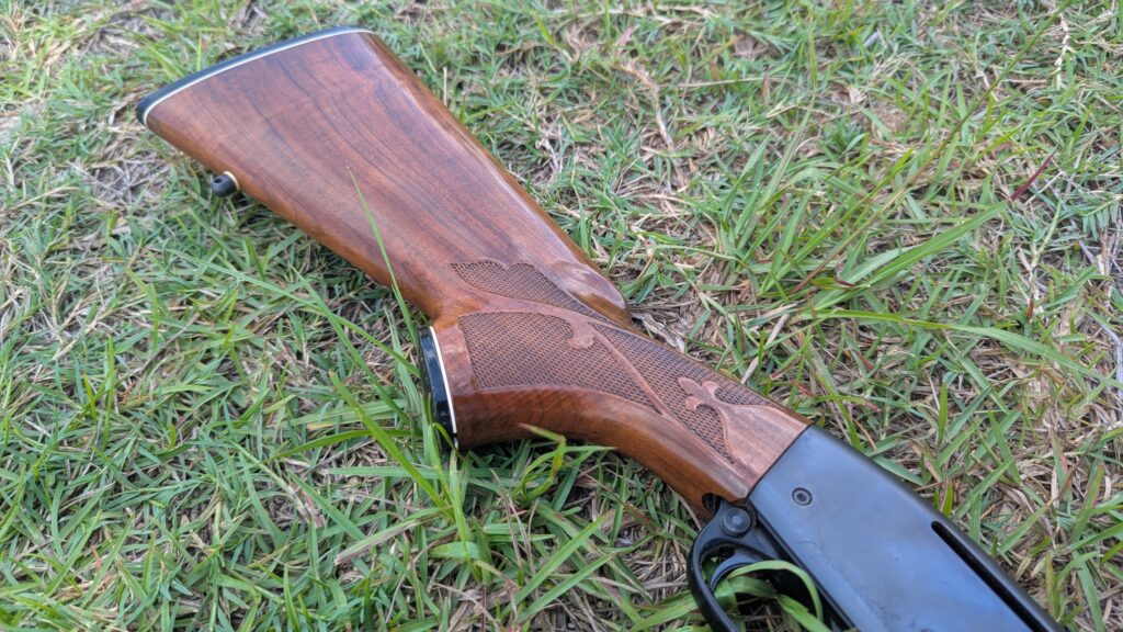 Close-up of Remington 7400 wooden stock